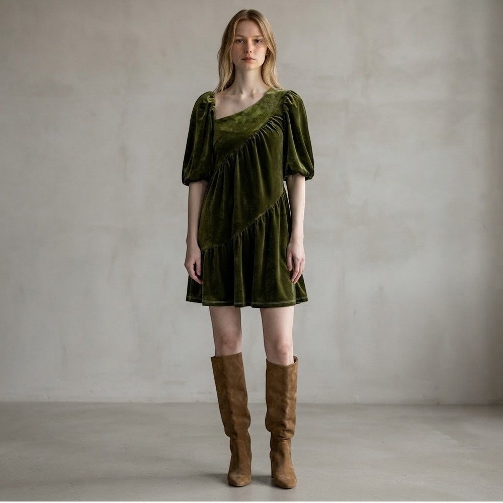 NWT CIEBON Olive Green Velvet Asymmetric Ruffle Mini Dress Womens Size Small S